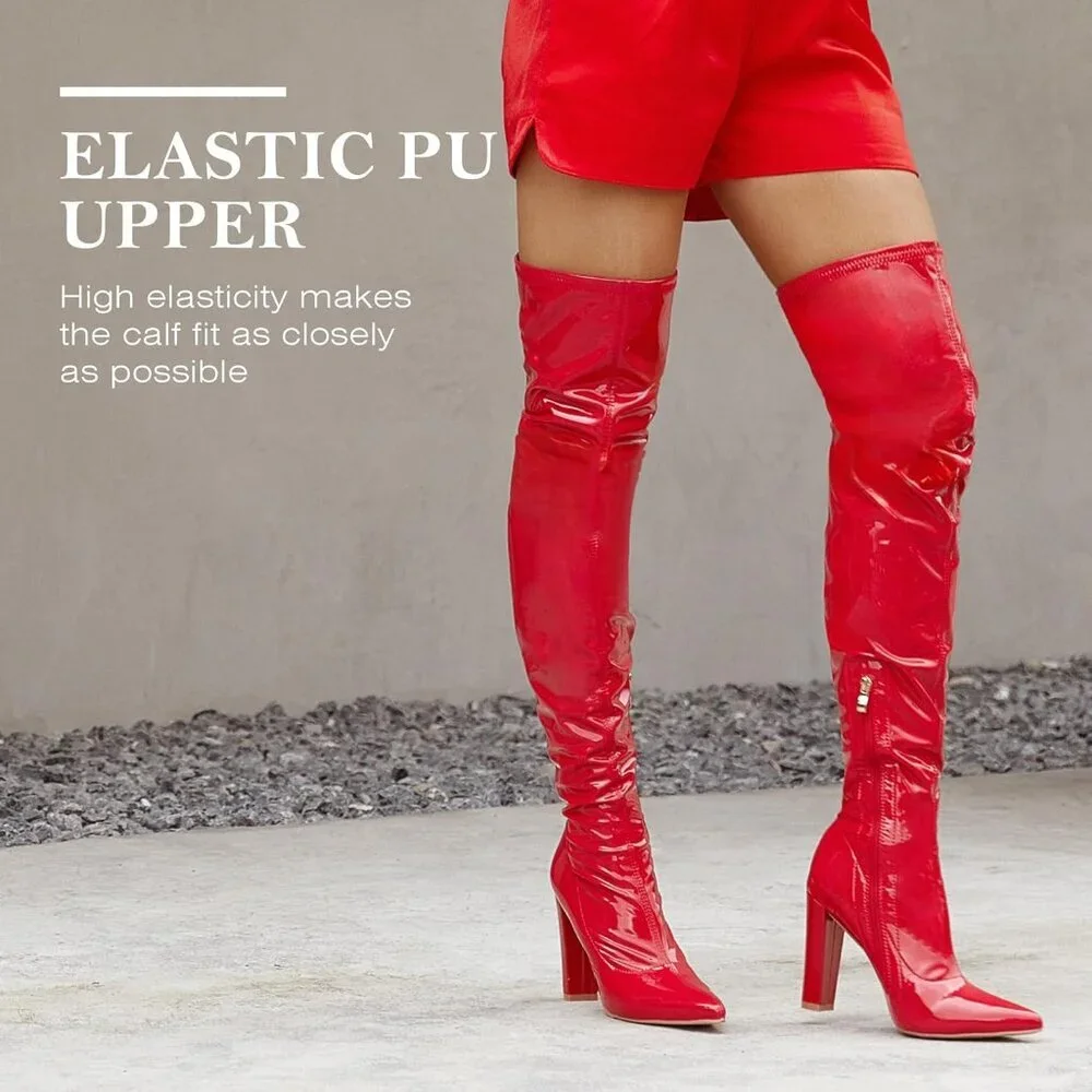 Women Red Patent Leather PU Over The Knee High Pointed Toe Long Tall Boots